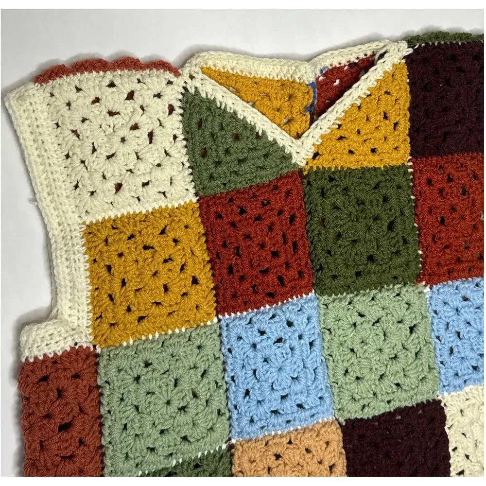 Vintage 1970s Style Handmade Crochet Granny Square Patchwork Vest Unisex XL